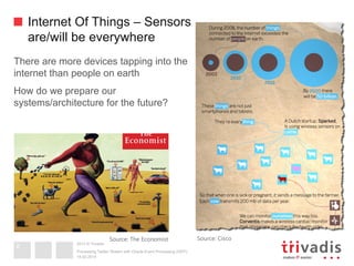 2013 © Trivadis
Internet Of Things – Sensors
are/will be everywhere
There are more devices tapping into the
internet than people on earth
How do we prepare our
systems/architecture for the future?
19.02.2014
Processing Twitter Stream with Oracle Event Processing (OEP)
8
Source: CiscoSource: The Economist
 