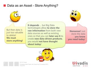 2013 © Trivadis
Data as an Asset - Store Anything?
19.02.2014
Processing Twitter Stream with Oracle Event Processing (OEP)
9
But then data is 
just too valuable 
to delete! 
We must  
store anything!
Nonsense! Just  
store the data  
you know  
you need today!
It depends … but Big Data
technologies allow to store the
raw information from both new
data sources as well as existing
ones so that you can later use it to
create new data-driven products,
you would not have thought
about today!
 
