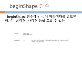 beginShape 함수
beginShape 함수에 kind에 파라미터를 넣으면
점, 선, 삼각형, 사각형 등을 그릴 수 있음
 
