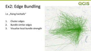 Ex2: Edge Bundling
i.e. „fixing hairballs“
1. Cluster edges
2. Bundle similar edges
3. Visualize local bundle strength
 