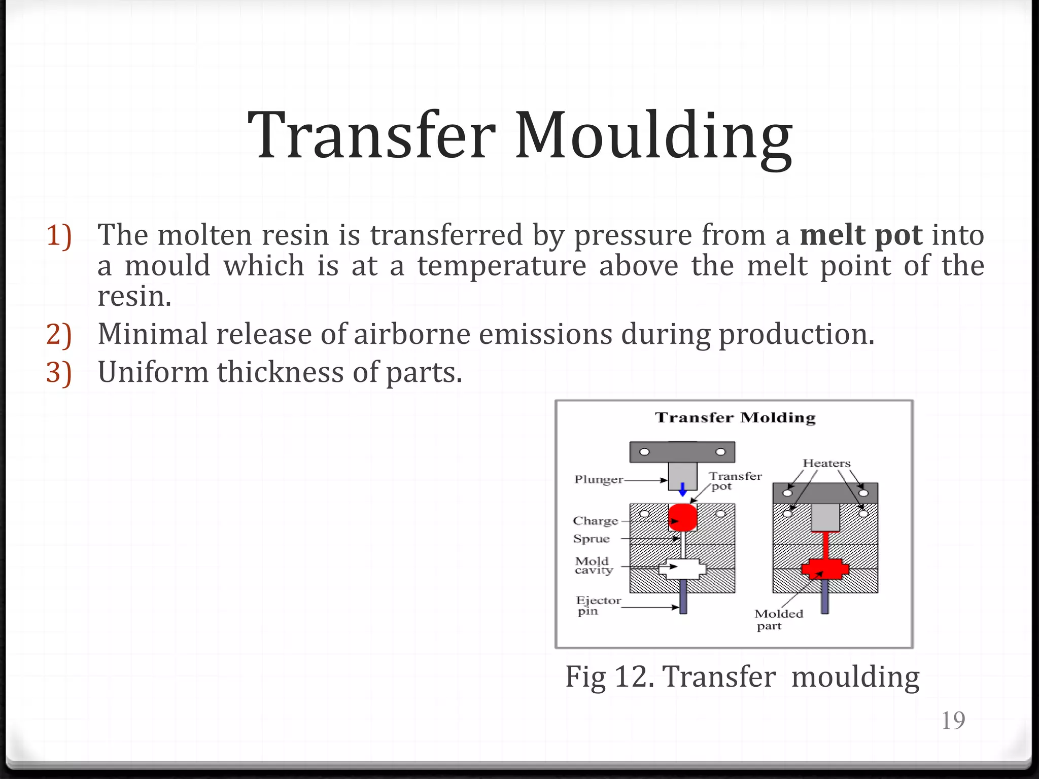 Transfer Moulding
1) The molten resin is transferred by pressure from a melt pot into
a mould which is at a temperature above the melt point of the
resin.
2) Minimal release of airborne emissions during production.
3) Uniform thickness of parts.
Fig 12. Transfer moulding
19
 