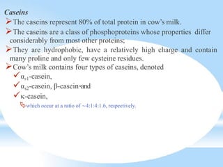 Caseins
The caseins represent 80% of total protein in cow’s milk.
The caseins are a class of phosphoproteins whose properties differ
considerably from most other proteins;
They are hydrophobic, have a relatively high charge and contain
many proline and only few cysteine residues.
Cow’s milk contains four types of caseins, denoted
αs1-casein,
αs2-casein, β-caseinand
-casein,
which occur at a ratio of ∼4:1:4:1.6, respectively.
 