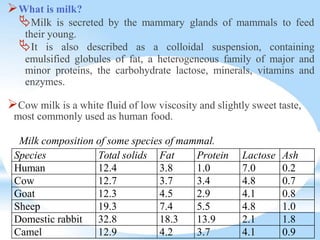 What is milk?
Milk is secreted by the mammary glands of mammals to feed
their young.
Species Total solids Fat Protein Lactose Ash
Human 12.4 3.8 1.0 7.0 0.2
Cow 12.7 3.7 3.4 4.8 0.7
Goat 12.3 4.5 2.9 4.1 0.8
Sheep 19.3 7.4 5.5 4.8 1.0
Domestic rabbit 32.8 18.3 13.9 2.1 1.8
Camel 12.9 4.2 3.7 4.1 0.9
It is also described as a colloidal suspension, containing
emulsified globules of fat, a heterogeneous family of major and
minor proteins, the carbohydrate lactose, minerals, vitamins and
enzymes.
Cow milk is a white fluid of low viscosity and slightly sweet taste,
most commonly used as human food.
Milk composition of some species of mammal.
 