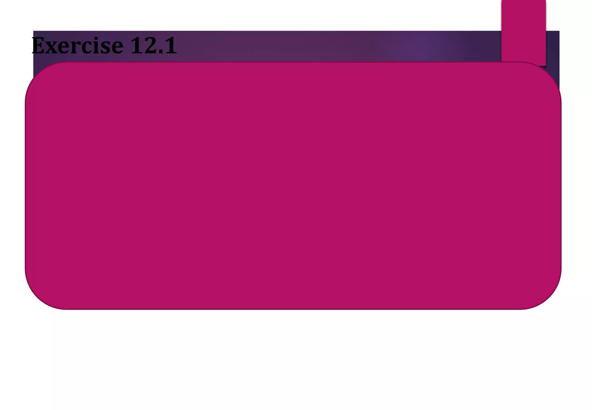 Median for Farmer B = middle value = 6th + 7th /2 = 29+30/2= 26
Exercise 12.1
Median for Farmer A = middle value = 6th + 7th /2 = 29+30/2=29.2
Mode for Farmer A = Most often = 31
Mode for Farmer B = Most often = 26
According to all the averages the average length of cucumbers is more
than 25 cm . But farmer A is more likely to sell his cucumbers as his
cucumbers are of a consistent length . That is they donot have a large
range.
 