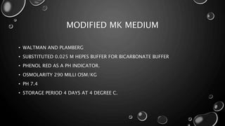 MODIFIED MK MEDIUM
• WALTMAN AND PLAMBERG
• SUBSTITUTED 0.025 M HEPES BUFFER FOR BICARBONATE BUFFER
• PHENOL RED AS A PH INDICATOR.
• OSMOLARITY 290 MILLI OSM/KG
• PH 7.4
• STORAGE PERIOD 4 DAYS AT 4 DEGREE C.
 