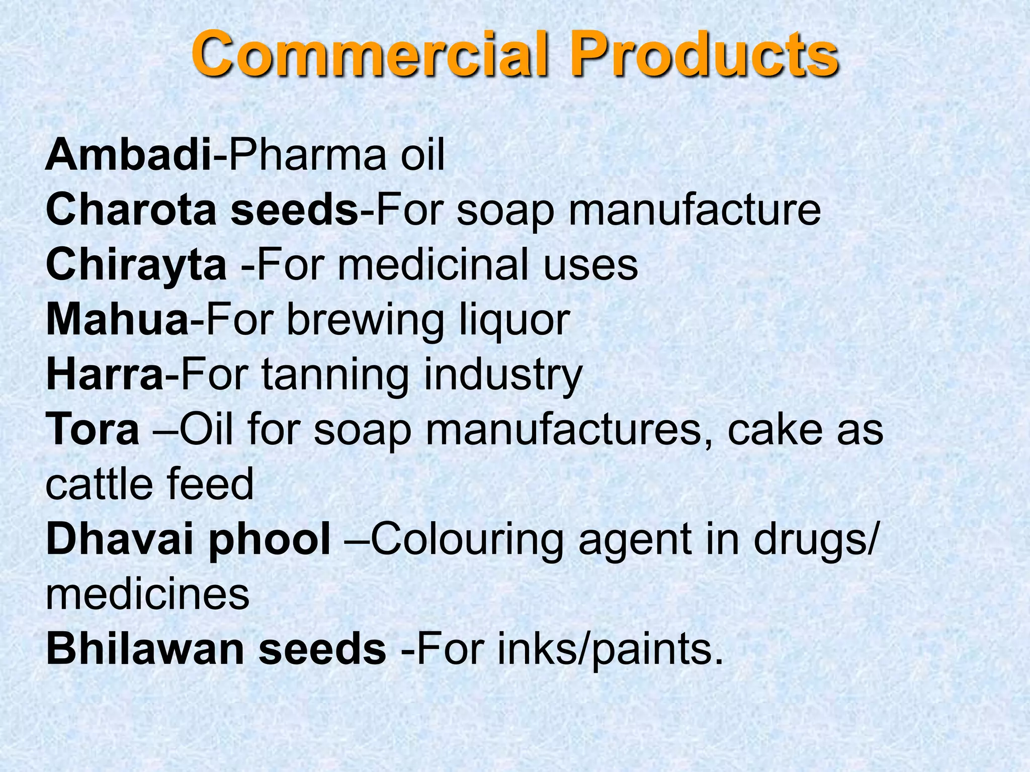 Ambadi-Pharma oil
Charota seeds-For soap manufacture
Chirayta -For medicinal uses
Mahua-For brewing liquor
Harra-For tanning industry
Tora –Oil for soap manufactures, cake as
cattle feed
Dhavai phool –Colouring agent in drugs/
medicines
Bhilawan seeds -For inks/paints.
Commercial Products
 
