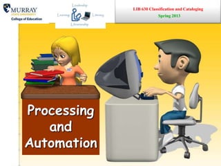 LIB 630 Classification and Cataloging
Processing
and
Automation
Spring 2013
 