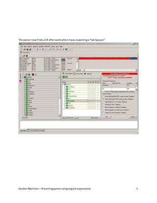 Gordon Morrison – A learningparserusingregularexpressions 5
The parser nowfindsa CR afterworkwhenitwas expectinga“tab Spouse”.
 