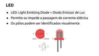 LED 
● LED: Light Emitting Diode = Diodo Emissor de Luz 
● Permite ou impede a passagem de corrente elétrica 
● Os pólos podem ser identificados visualmente 
 