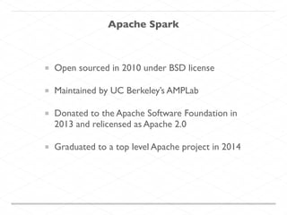 Open sourced in 2010 under BSD license
Maintained by UC Berkeley’s AMPLab
Donated to the Apache Software Foundation in
2013 and relicensed as Apache 2.0
Graduated to a top level Apache project in 2014
Apache Spark
 