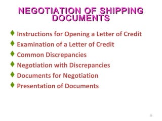 23
NEGOTIATION OF SHIPPINGNEGOTIATION OF SHIPPING
DOCUMENTSDOCUMENTS
Instructions for Opening a Letter of Credit
Examination of a Letter of Credit
Common Discrepancies
Negotiation with Discrepancies
Documents for Negotiation
Presentation of Documents
 
