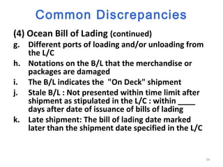 34
Common Discrepancies
(4) Ocean Bill of Lading (continued)
g. Different ports of loading and/or unloading from
the L/C
h. Notations on the B/L that the merchandise or
packages are damaged
i. The B/L indicates the "On Deck" shipment
j. Stale B/L : Not presented within time limit after
shipment as stipulated in the L/C : within ____
days after date of issuance of bills of lading
k. Late shipment: The bill of lading date marked
later than the shipment date specified in the L/C
 