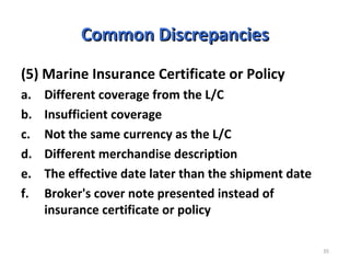 35
Common DiscrepanciesCommon Discrepancies
(5) Marine Insurance Certificate or Policy
a. Different coverage from the L/C
b. Insufficient coverage
c. Not the same currency as the L/C
d. Different merchandise description
e. The effective date later than the shipment date
f. Broker's cover note presented instead of
insurance certificate or policy
 