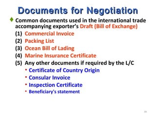 39
Documents for NegotiationDocuments for Negotiation
Common documents used in the international trade
accompanying exporter’s Draft (Bill of Exchange)
(1) Commercial Invoice
(2) Packing List
(3) Ocean Bill of Lading
(4) Marine Insurance Certificate
(5) Any other documents if required by the L/C
• Certificate of Country Origin
• Consular Invoice
• Inspection Certificate
• Beneficiary's statement
 