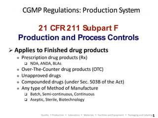 CGMP Regulations: Production System
21 CFR 211 Subpart F
Production and Process Controls
 Applies to Finished drug products
◈ Prescription drug products (Rx)
 NDA, ANDA, BLAs
◈ Over-The-Counter drug products (OTC)
◈ Unapproved drugs
◈ Compounded drugs (under Sec. 503B of the Act)
◈ Any type of Method of Manufacture
 Batch, Semi-continuous, Continuous
 Aseptic, Sterile, Biotechnology
Quality  Production  Laboratory  Materials  Facilities and Equipment  Packaging and Labeling1
 