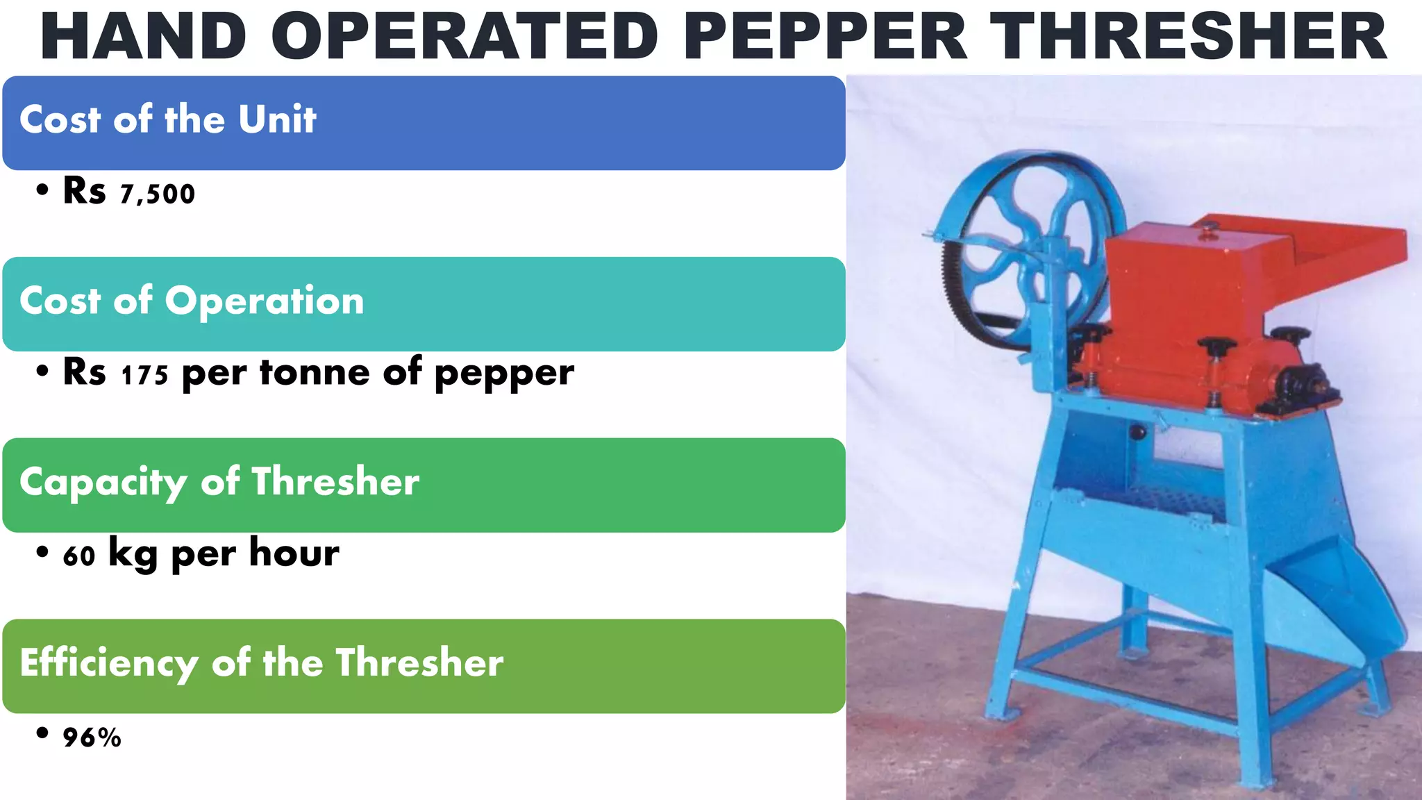 HAND OPERATED PEPPER THRESHER
Cost of the Unit
•Rs 7,500
Cost of Operation
•Rs 175 per tonne of pepper
Capacity of Thresher
•60 kg per hour
Efficiency of the Thresher
•96%
 