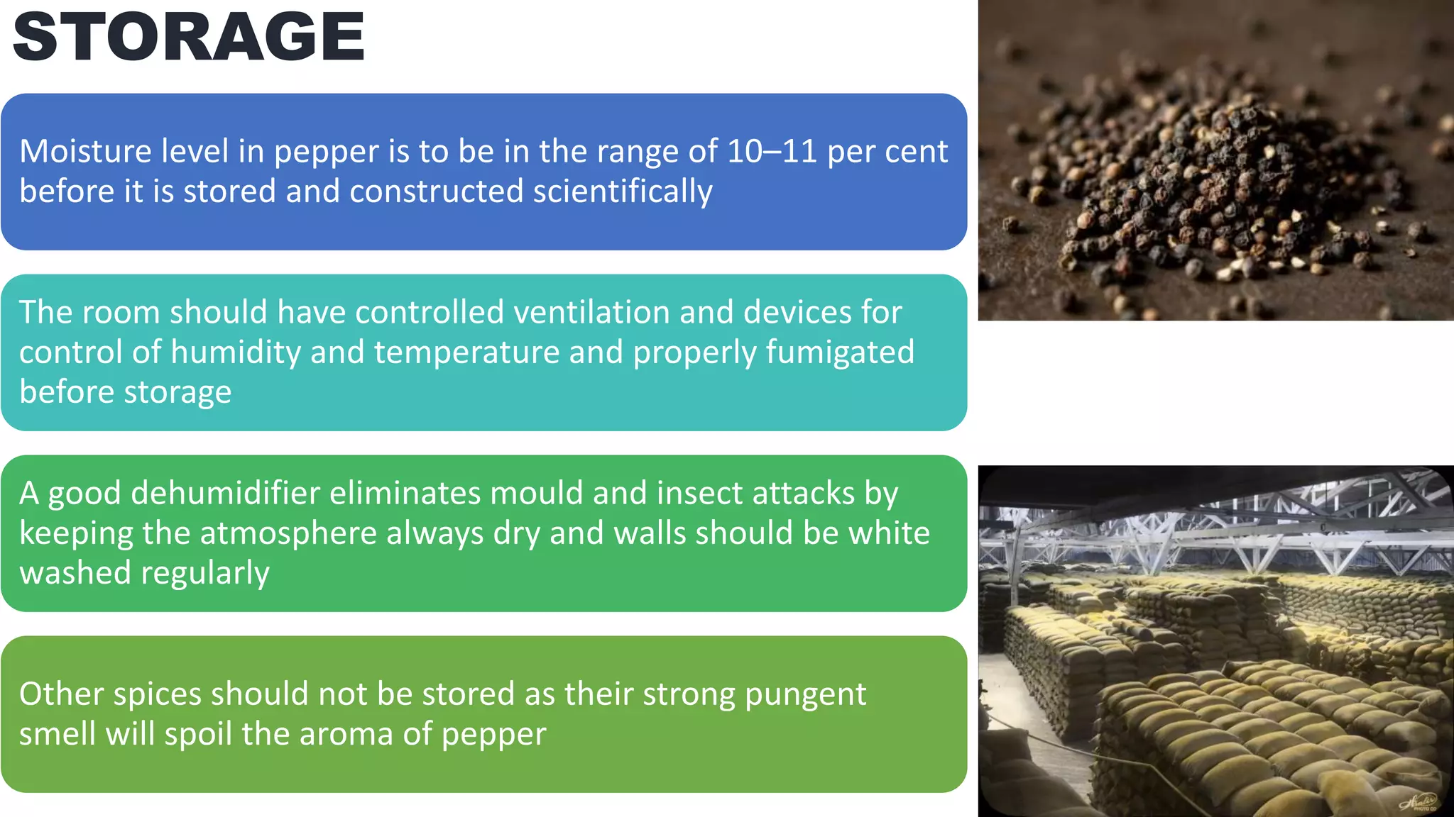 STORAGE
Moisture level in pepper is to be in the range of 10–11 per cent
before it is stored and constructed scientifically
The room should have controlled ventilation and devices for
control of humidity and temperature and properly fumigated
before storage
A good dehumidifier eliminates mould and insect attacks by
keeping the atmosphere always dry and walls should be white
washed regularly
Other spices should not be stored as their strong pungent
smell will spoil the aroma of pepper
 
