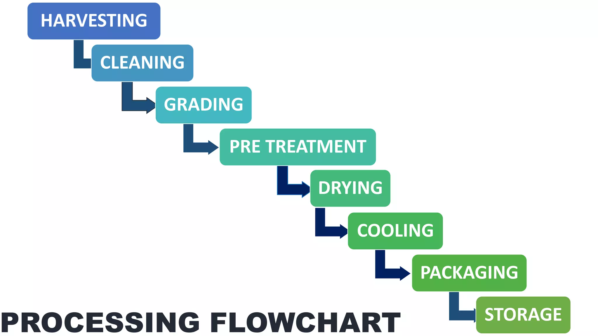 HARVESTING
CLEANING
GRADING
PRE TREATMENT
DRYING
COOLING
PACKAGING
STORAGE
PROCESSING FLOWCHART
 