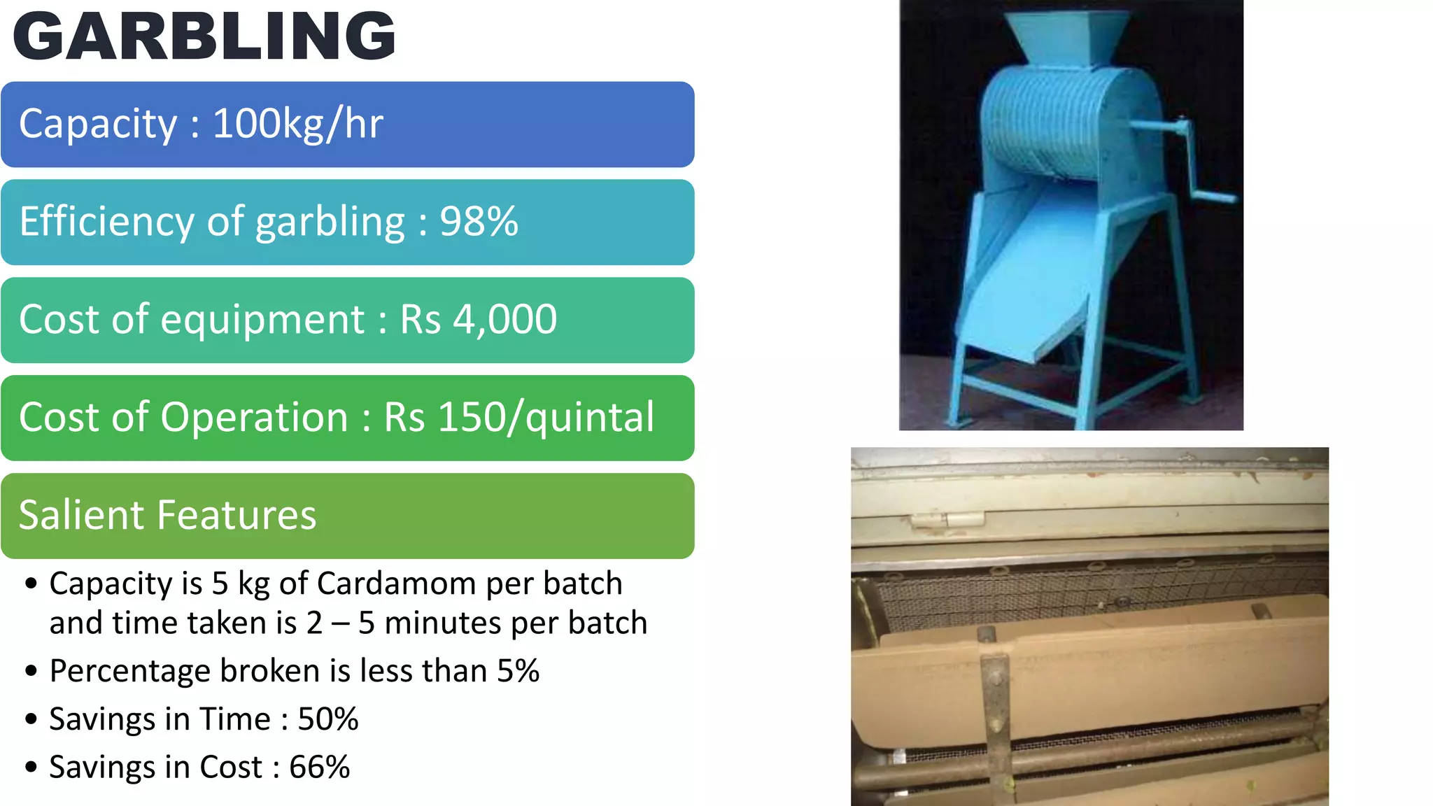 GARBLING
Capacity : 100kg/hr
Efficiency of garbling : 98%
Cost of equipment : Rs 4,000
Cost of Operation : Rs 150/quintal
Salient Features
• Capacity is 5 kg of Cardamom per batch
and time taken is 2 – 5 minutes per batch
• Percentage broken is less than 5%
• Savings in Time : 50%
• Savings in Cost : 66%
 