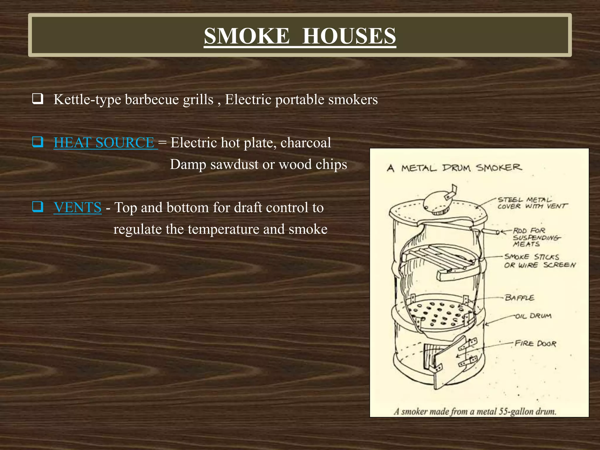 SMOKE HOUSES
 Kettle-type barbecue grills , Electric portable smokers
 HEAT SOURCE = Electric hot plate, charcoal
Damp sawdust or wood chips
 VENTS - Top and bottom for draft control to
regulate the temperature and smoke
 