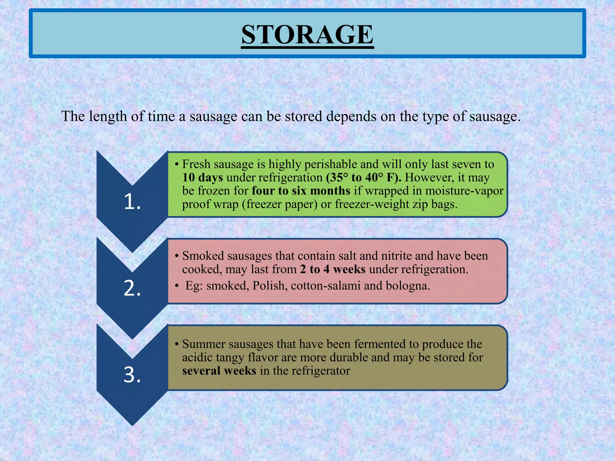 STORAGE
The length of time a sausage can be stored depends on the type of sausage.
1.
• Fresh sausage is highly perishable and will only last seven to
10 days under refrigeration (35° to 40° F). However, it may
be frozen for four to six months if wrapped in moisture-vapor
proof wrap (freezer paper) or freezer-weight zip bags.
2.
• Smoked sausages that contain salt and nitrite and have been
cooked, may last from 2 to 4 weeks under refrigeration.
• Eg: smoked, Polish, cotton-salami and bologna.
3.
• Summer sausages that have been fermented to produce the
acidic tangy flavor are more durable and may be stored for
several weeks in the refrigerator
 