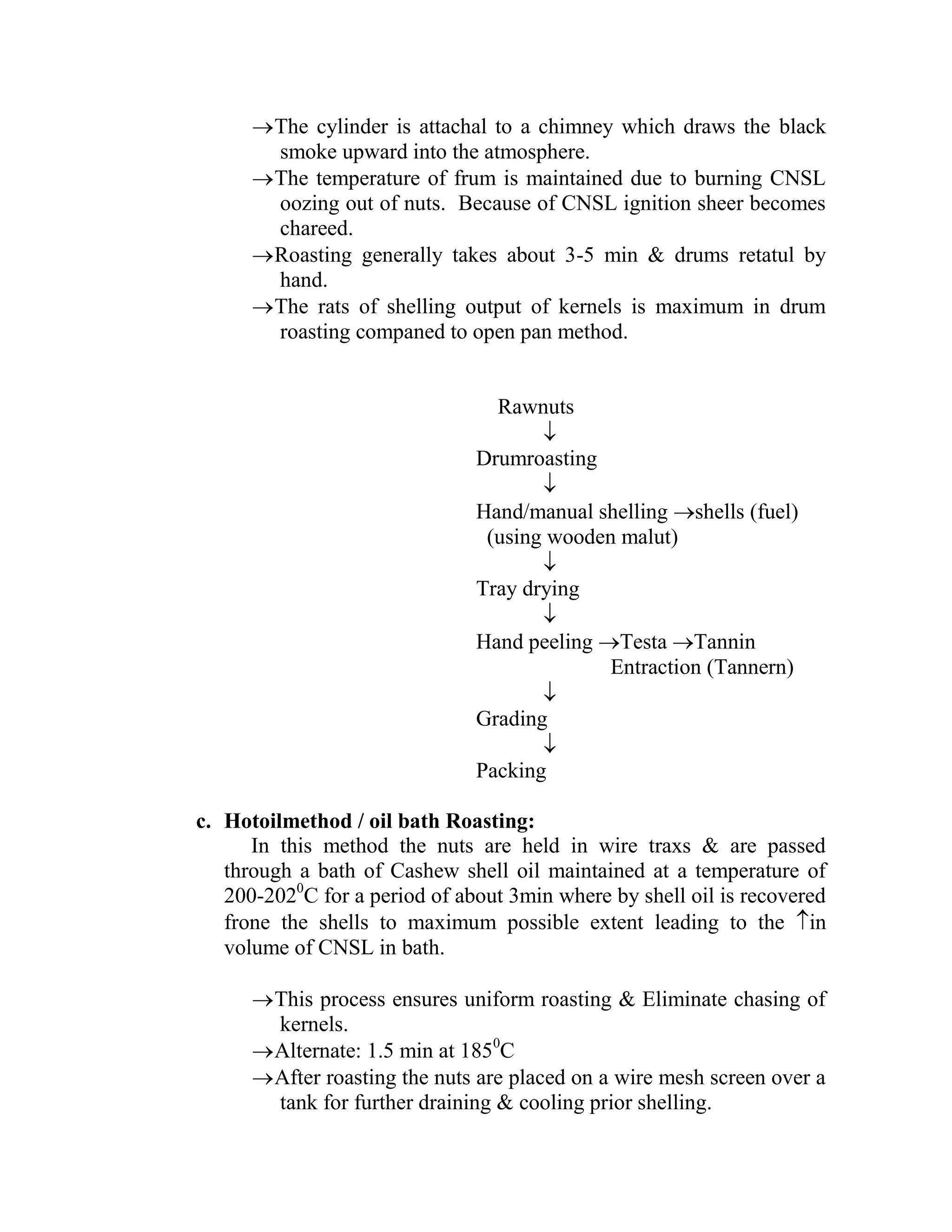 The cylinder is attachal to a chimney which draws the black
smoke upward into the atmosphere.
The temperature of frum is maintained due to burning CNSL
oozing out of nuts. Because of CNSL ignition sheer becomes
chareed.
Roasting generally takes about 3-5 min & drums retatul by
hand.
The rats of shelling output of kernels is maximum in drum
roasting companed to open pan method.
Rawnuts

Drumroasting

Hand/manual shelling shells (fuel)
(using wooden malut)

Tray drying

Hand peeling Testa Tannin
Entraction (Tannern)

Grading

Packing
c. Hotoilmethod / oil bath Roasting:
In this method the nuts are held in wire traxs & are passed
through a bath of Cashew shell oil maintained at a temperature of
200-2020
C for a period of about 3min where by shell oil is recovered
frone the shells to maximum possible extent leading to the in
volume of CNSL in bath.
This process ensures uniform roasting & Eliminate chasing of
kernels.
Alternate: 1.5 min at 1850
C
After roasting the nuts are placed on a wire mesh screen over a
tank for further draining & cooling prior shelling.
 