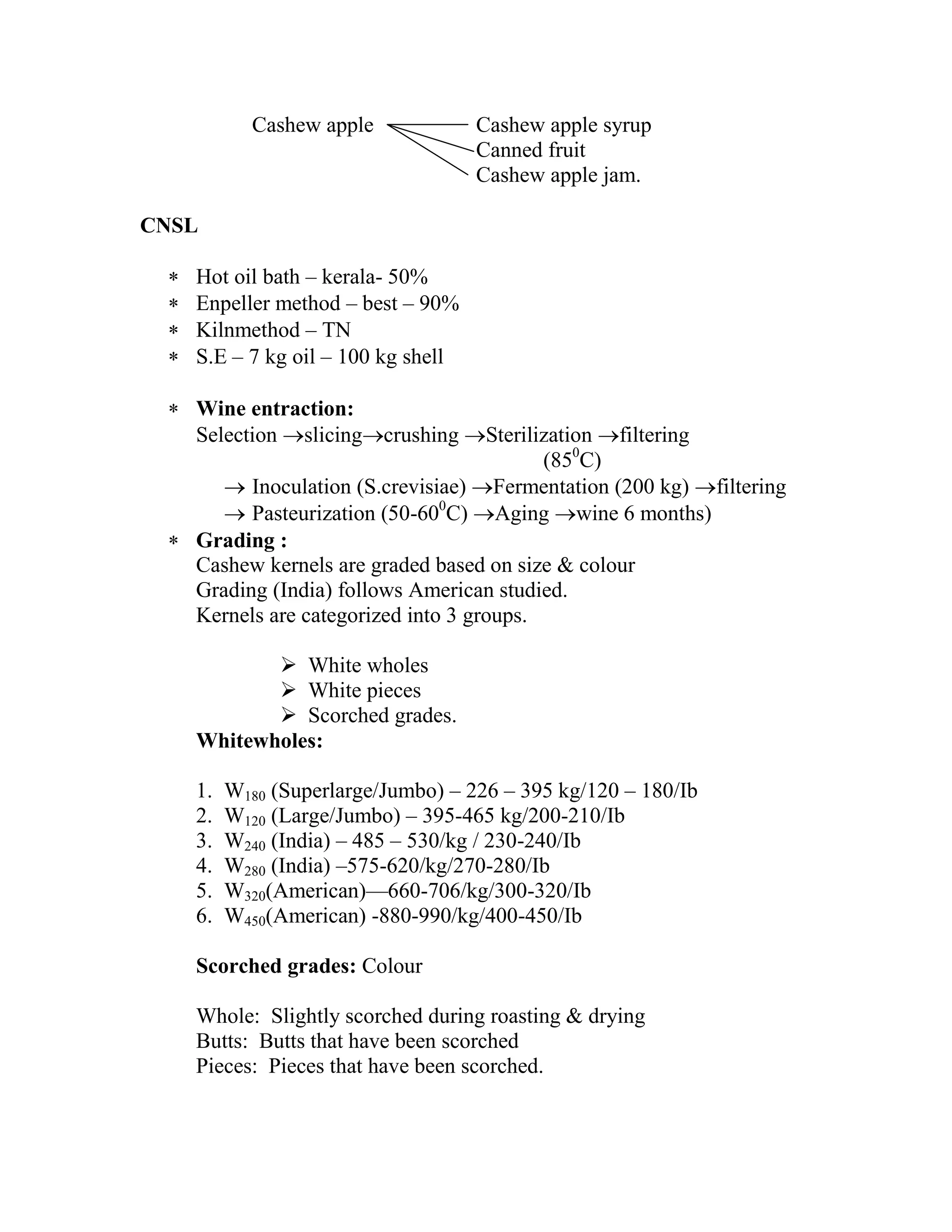 Cashew apple Cashew apple syrup
Canned fruit
Cashew apple jam.
CNSL
 Hot oil bath – kerala- 50%
 Enpeller method – best – 90%
 Kilnmethod – TN
 S.E – 7 kg oil – 100 kg shell
 Wine entraction:
Selection slicingcrushing Sterilization filtering
(850
C)
 Inoculation (S.crevisiae) Fermentation (200 kg) filtering
 Pasteurization (50-600
C) Aging wine 6 months)
 Grading :
Cashew kernels are graded based on size & colour
Grading (India) follows American studied.
Kernels are categorized into 3 groups.
 White wholes
 White pieces
 Scorched grades.
Whitewholes:
1. W180 (Superlarge/Jumbo) – 226 – 395 kg/120 – 180/Ib
2. W120 (Large/Jumbo) – 395-465 kg/200-210/Ib
3. W240 (India) – 485 – 530/kg / 230-240/Ib
4. W280 (India) –575-620/kg/270-280/Ib
5. W320(American)—660-706/kg/300-320/Ib
6. W450(American) -880-990/kg/400-450/Ib
Scorched grades: Colour
Whole: Slightly scorched during roasting & drying
Butts: Butts that have been scorched
Pieces: Pieces that have been scorched.
 