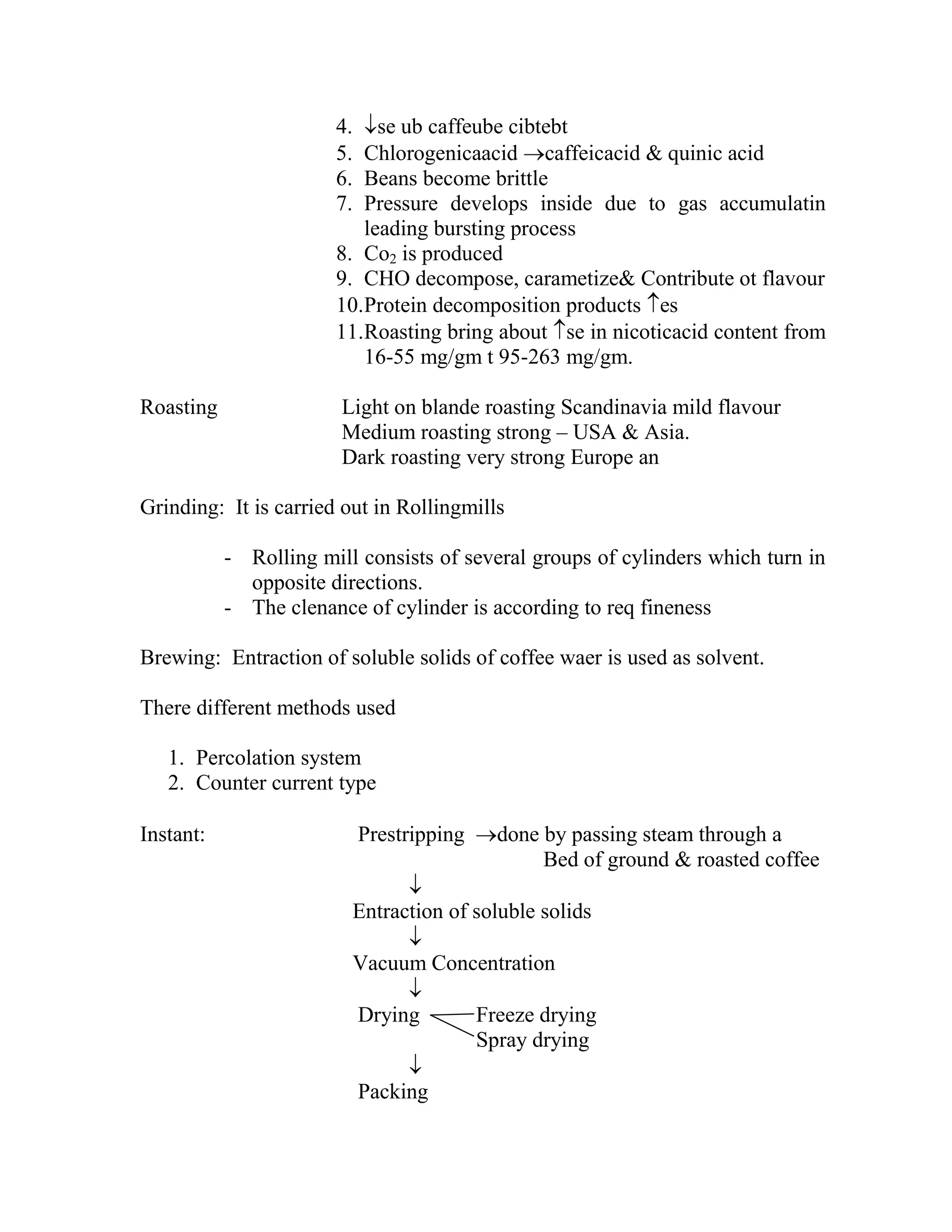 4. se ub caffeube cibtebt
5. Chlorogenicaacid caffeicacid & quinic acid
6. Beans become brittle
7. Pressure develops inside due to gas accumulatin
leading bursting process
8. Co2 is produced
9. CHO decompose, carametize& Contribute ot flavour
10.Protein decomposition products es
11.Roasting bring about se in nicoticacid content from
16-55 mg/gm t 95-263 mg/gm.
Roasting Light on blande roasting Scandinavia mild flavour
Medium roasting strong – USA & Asia.
Dark roasting very strong Europe an
Grinding: It is carried out in Rollingmills
- Rolling mill consists of several groups of cylinders which turn in
opposite directions.
- The clenance of cylinder is according to req fineness
Brewing: Entraction of soluble solids of coffee waer is used as solvent.
There different methods used
1. Percolation system
2. Counter current type
Instant: Prestripping done by passing steam through a
Bed of ground & roasted coffee

Entraction of soluble solids

Vacuum Concentration

Drying Freeze drying
Spray drying

Packing
 