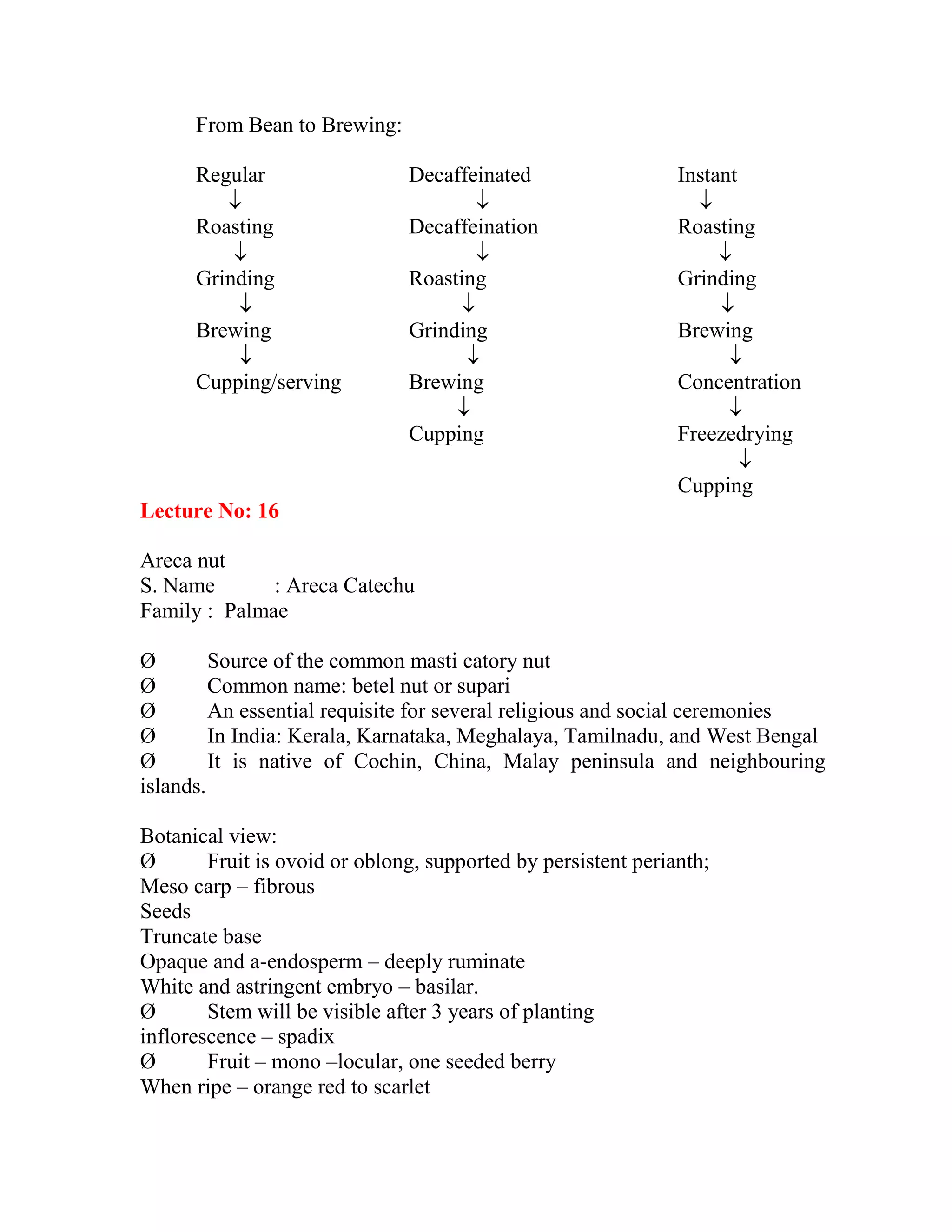 From Bean to Brewing:
Regular Decaffeinated Instant
  
Roasting Decaffeination Roasting
  
Grinding Roasting Grinding
  
Brewing Grinding Brewing
  
Cupping/serving Brewing Concentration
 
Cupping Freezedrying

Cupping
Lecture No: 16
Areca nut
S. Name : Areca Catechu
Family : Palmae
Ø Source of the common masti catory nut
Ø Common name: betel nut or supari
Ø An essential requisite for several religious and social ceremonies
Ø In India: Kerala, Karnataka, Meghalaya, Tamilnadu, and West Bengal
Ø It is native of Cochin, China, Malay peninsula and neighbouring
islands.
Botanical view:
Ø Fruit is ovoid or oblong, supported by persistent perianth;
Meso carp – fibrous
Seeds
Truncate base
Opaque and a-endosperm – deeply ruminate
White and astringent embryo – basilar.
Ø Stem will be visible after 3 years of planting
inflorescence – spadix
Ø Fruit – mono –locular, one seeded berry
When ripe – orange red to scarlet
 