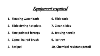 Equipment required
1. Floating water bath
2. Slide drying hot plate
3. Fine pointed forceps
4. Camel haired brush
5. Scalpel
6. Slide rack
7. Clean slides
8. Teasing needle
9. Ice tray
10. Chemical resistant pencil
 