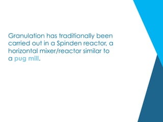 Granulation has traditionally been
carried out in a Spinden reactor, a
horizontal mixer/reactor similar to
a pug mill.
 
 