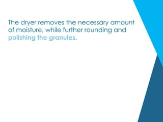 The dryer removes the necessary amount
of moisture, while further rounding and
polishing the granules.
 