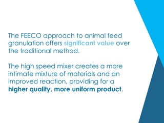 The FEECO approach to animal feed
granulation offers significant value over
the traditional method.
 
The high speed mixer creates a more
intimate mixture of materials and an
improved reaction, providing for a
higher quality, more uniform product.
 