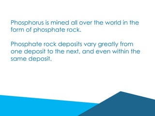 Phosphorus is mined all over the world in the
form of phosphate rock.
Phosphate rock deposits vary greatly from
one deposit to the next, and even within the
same deposit.
 