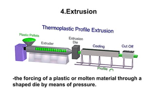 4.Extrusion




-the forcing of a plastic or molten material through a
shaped die by means of pressure.
 