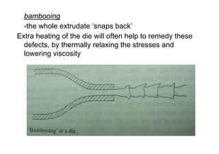 bambooing
  -the whole extrudate ‘snaps back’
Extra heating of the die will often help to remedy these
  defects, by thermally relaxing the stresses and
  lowering viscosity
 