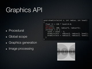 Graphics API
                      void drawCircle(int x, int radius, int level)
                      {
                        float tt = 126 * level/4.0;
                        fill(tt);
                        ellipse(x, 100, radius*2, radius*2);
                        if(level > 1) {
Procedural                level = level - 1;
                          drawCircle(x - radius/2, radius/2, level);
                          drawCircle(x + radius/2, radius/2, level);
Global scope            }
                      }

Graphics generation
Image processing
 