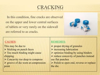 CRACKING
In this condition, fine cracks are observed
on the upper and lower central surfaces
of tablets or very rarely on the sidewall
are referred to as cracks.
CAUSES:
This may be due to
 Sticking on punch faces
 Too much binding might cause
chipping
 Concavity too deep to compress
 groove of die worn at compression
point
REMEDIES:
 proper drying of granules
 increasing lubrication
 optimize binding by using binders
 reduce concavity of punches instead
use flat punches
 Polish to open end, reverse or replace
the die.
 