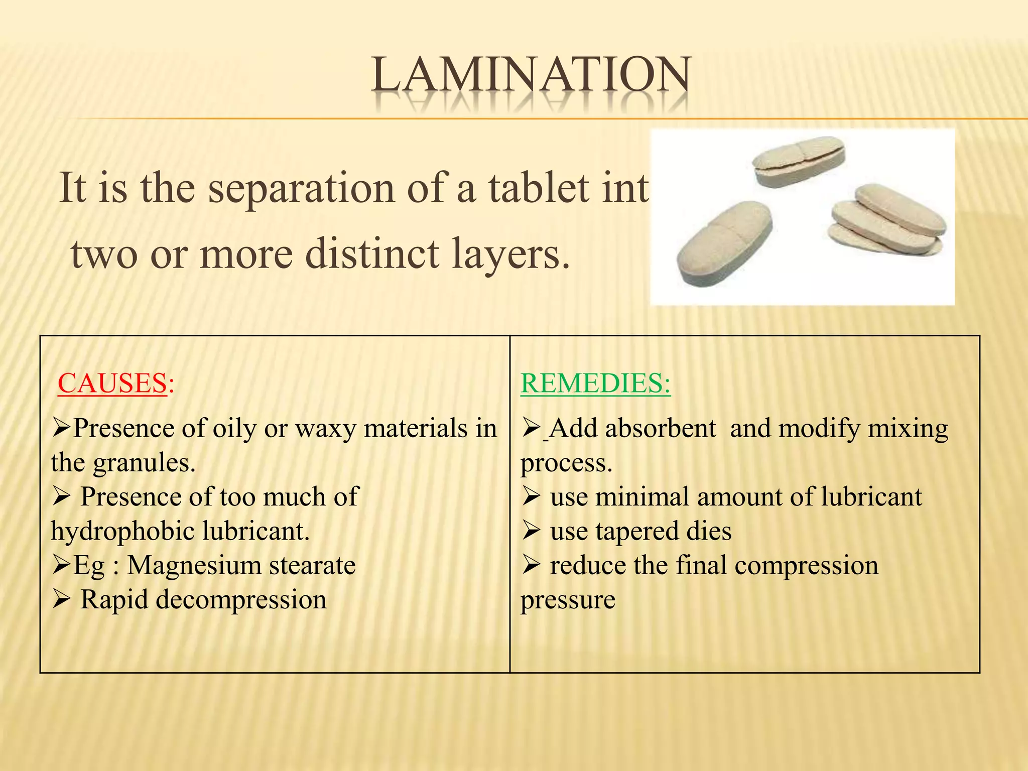 LAMINATION
It is the separation of a tablet into
two or more distinct layers.
CAUSES:
Presence of oily or waxy materials in
the granules.
 Presence of too much of
hydrophobic lubricant.
Eg : Magnesium stearate
 Rapid decompression
REMEDIES:
 Add absorbent and modify mixing
process.
 use minimal amount of lubricant
 use tapered dies
 reduce the final compression
pressure
 