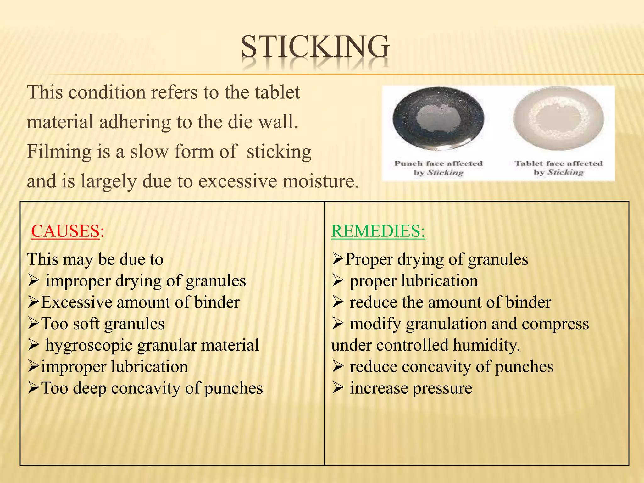 STICKING
This condition refers to the tablet
material adhering to the die wall.
Filming is a slow form of sticking
and is largely due to excessive moisture.
CAUSES:
This may be due to
 improper drying of granules
Excessive amount of binder
Too soft granules
 hygroscopic granular material
improper lubrication
Too deep concavity of punches
REMEDIES:
Proper drying of granules
 proper lubrication
 reduce the amount of binder
 modify granulation and compress
under controlled humidity.
 reduce concavity of punches
 increase pressure
 