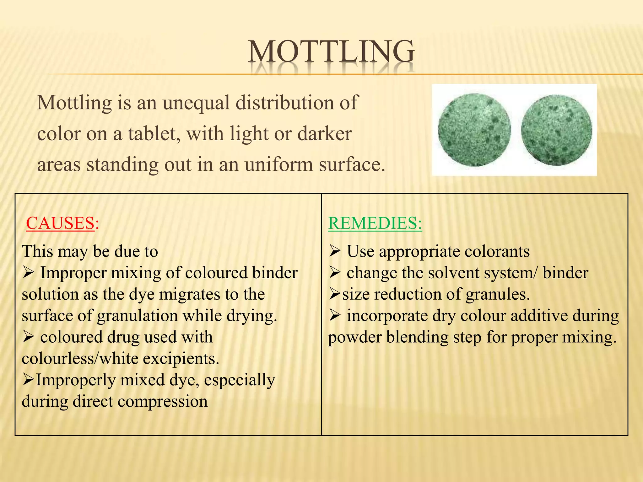 MOTTLING
Mottling is an unequal distribution of
color on a tablet, with light or darker
areas standing out in an uniform surface.
CAUSES:
This may be due to
 Improper mixing of coloured binder
solution as the dye migrates to the
surface of granulation while drying.
 coloured drug used with
colourless/white excipients.
Improperly mixed dye, especially
during direct compression
REMEDIES:
 Use appropriate colorants
 change the solvent system/ binder
size reduction of granules.
 incorporate dry colour additive during
powder blending step for proper mixing.
 