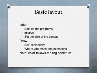 Basic layout

? setup
   ? Sets up the programs
   ? Initalize
   ? Set the size of the canvas
? Draw
   ? Self-explanitory
   ? Where you make the animations
? Note: color follows the rbg spectrum
 