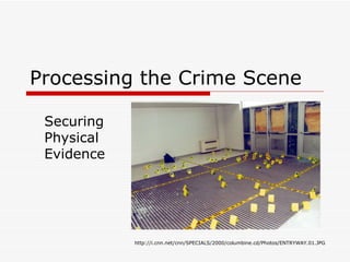 Processing the Crime Scene

 Securing
 Physical
 Evidence




            http://i.cnn.net/cnn/SPECIALS/2000/columbine.cd/Photos/ENTRYWAY.01.JPG
 