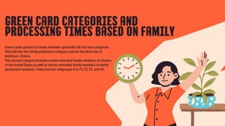 GREEN CARD CATEGORIES AND
PROCESSING TIMES BASED ON FAMILY
Green cards granted to family members generally fall into two categories.
They fall into the family preference category and are the direct kin of
American citizens.
This second category includes certain extended family members of citizens
of the United States as well as certain extended family members of lawful
permanent residents. There are four subgroups in it: F1, F2, F3, and F4.
 