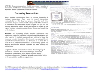 UNIT–II: Processing transactions- Double entry system – recording of
transactions- Trial Balance- income measurement – accrual accounting –
adjustment process – preparation of financial statement.

               Processing Transactions
Many business organizations have to process thousands of
business transactions. They have to record transactions
systematically so that they can prepare financial and other
statements. They use formal records to keep track of the multitude
of transactions that affect them. In this chapter, you will find out
how the accounting system records and stores the effects of any
type of business transactions, regardless of the size and complexity
of the business.

Accounts: An accounting system classifies transactions into
meaningful categories in order to prepare financial statements and
other reports. To facilitate quick and easy retrieval of data, the
company records transactions in accounts. An account is an
individual record of increases and decreases in an item that is
likely to be of interest or importance. An accounting system has
separate accounts for revenue, expenses, and asset, liability and
equity items.

Ledger: It is the file or binder that contains the entire group of
accounts of a business. Accounts in the ledger are usually
arranged in the following order: assets, liabilities, equity,
revenues, and expenses. A chart of accounts is a complete listing
of the account titles used in an organization.




Get MBA study materials, articles, order business templates and stock market updates from www.easymbaguide.blogspot.com or
www.easymbaguide.com . Give your valuable feedback easymbaguide@gmail.com
 
