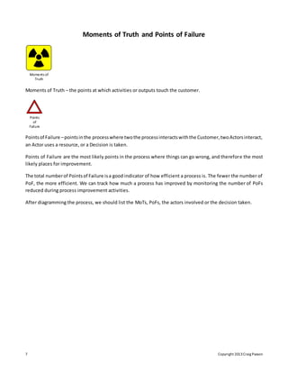 7 Copyright 2013Craig Paxson
Moments of Truth and Points of Failure
Moments of
Truth
Moments of Truth – the points at which activities or outputs touch the customer.
Points
of
Failure
Pointsof Failure –pointsin the processwhere twothe processinteractswiththe Customer,twoActorsinteract,
an Actor uses a resource, or a Decision is taken.
Points of Failure are the most likely points in the process where things can go wrong, and therefore the most
likely places for improvement.
The total numberof Pointsof Failure isa good indicator of how efficient a process is. The fewer the number of
PoF, the more efficient. We can track how much a process has improved by monitoring the number of PoFs
reduced during process improvement activities.
After diagramming the process, we should list the MoTs, PoFs, the actors involved or the decision taken.
 