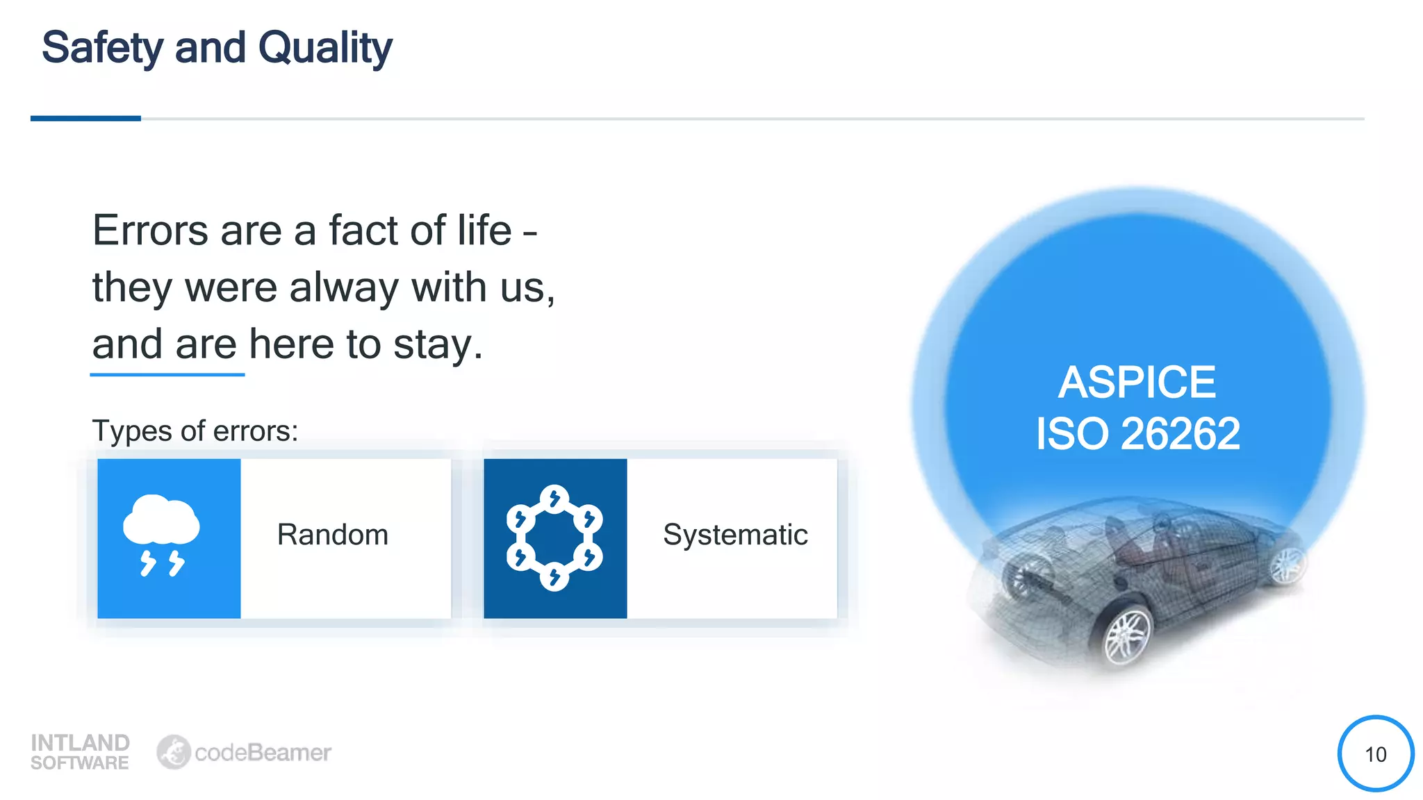 10
Safety and Quality
Errors are a fact of life –
they were alway with us,
and are here to stay.
Types of errors:
ASPICE
ISO 26262
Random Systematic
 