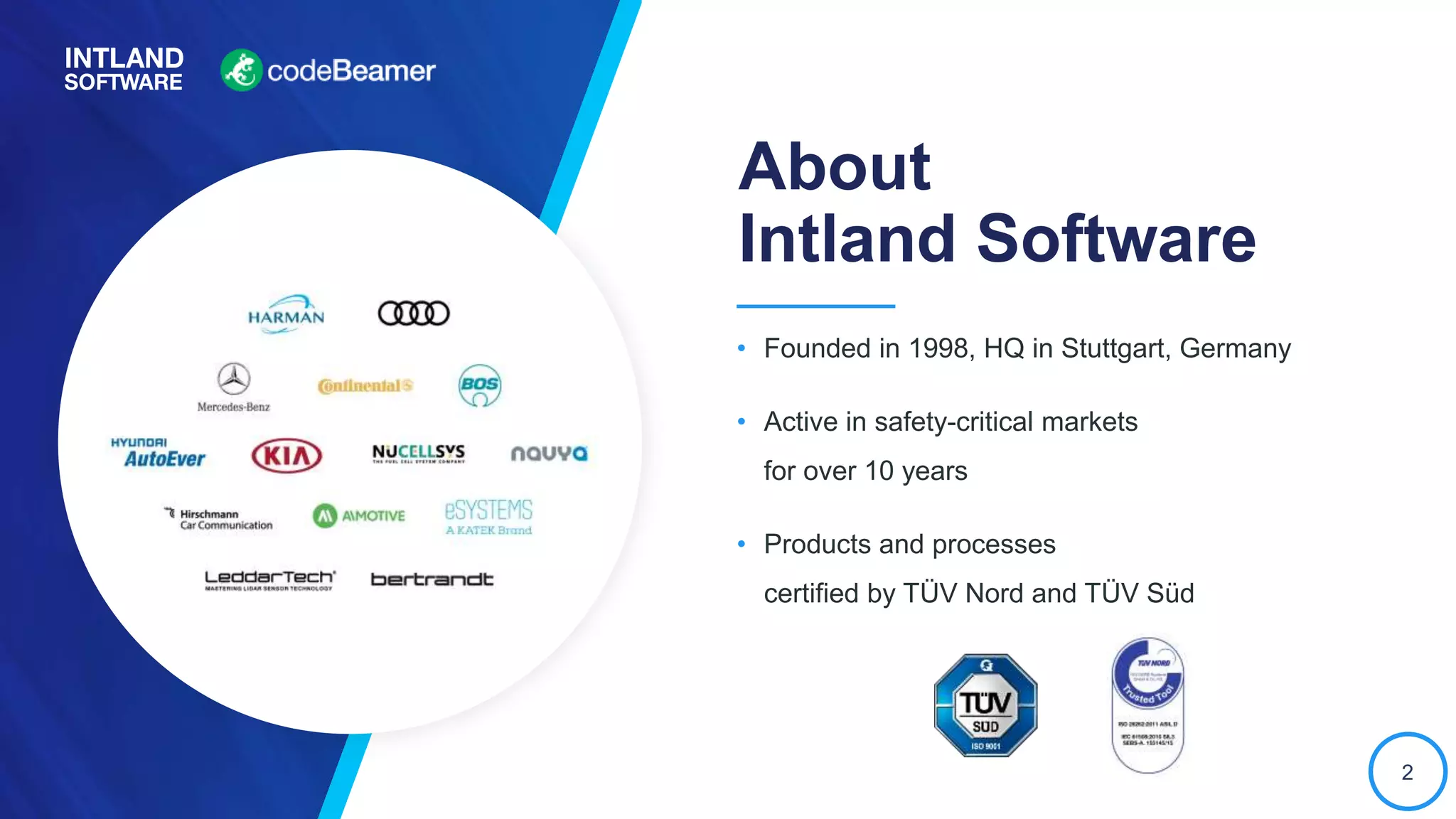 2
• Founded in 1998, HQ in Stuttgart, Germany
• Active in safety-critical markets
for over 10 years
• Products and processes
certified by TÜV Nord and TÜV Süd
About
Intland Software
 
