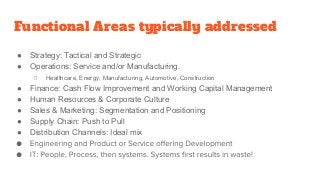 Functional Areas typically addressed
● Strategy: Tactical and Strategic
● Operations: Service and/or Manufacturing.
○ Heal...