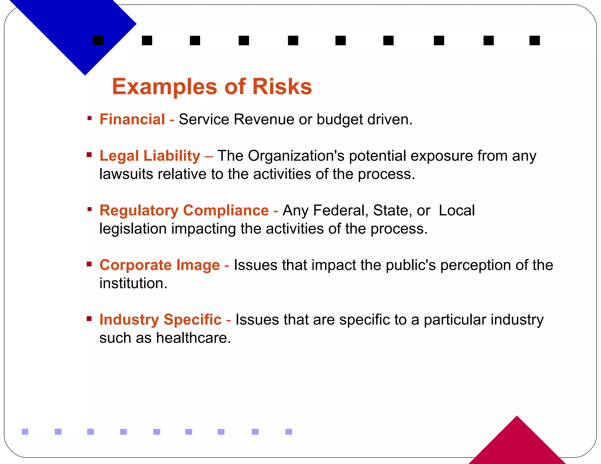 Examples of Risks   Financial   -  Service Revenue or budget driven. Legal Liability  –  The Organization's potential exposure from any lawsuits relative to the activities of the process. Regulatory Compliance  -  Any Federal, State, or  Local      legislation impacting the activities of the process. Corporate Image   -  Issues that impact the public's perception of the institution. Industry Specific   -  Issues that are specific to a particular industry such as healthcare. 